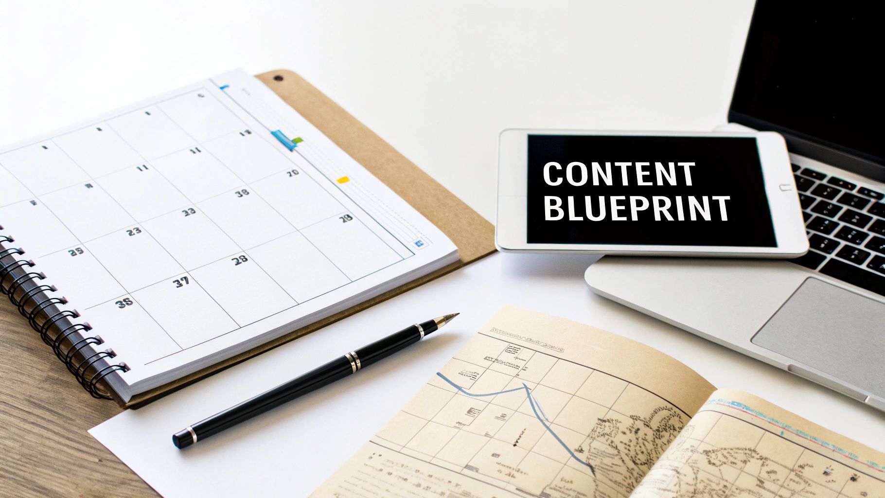 Overhead view of a workspace showing how to create an editorial calendar with 'CONTENT BLUEPRINT' on a tablet screen.