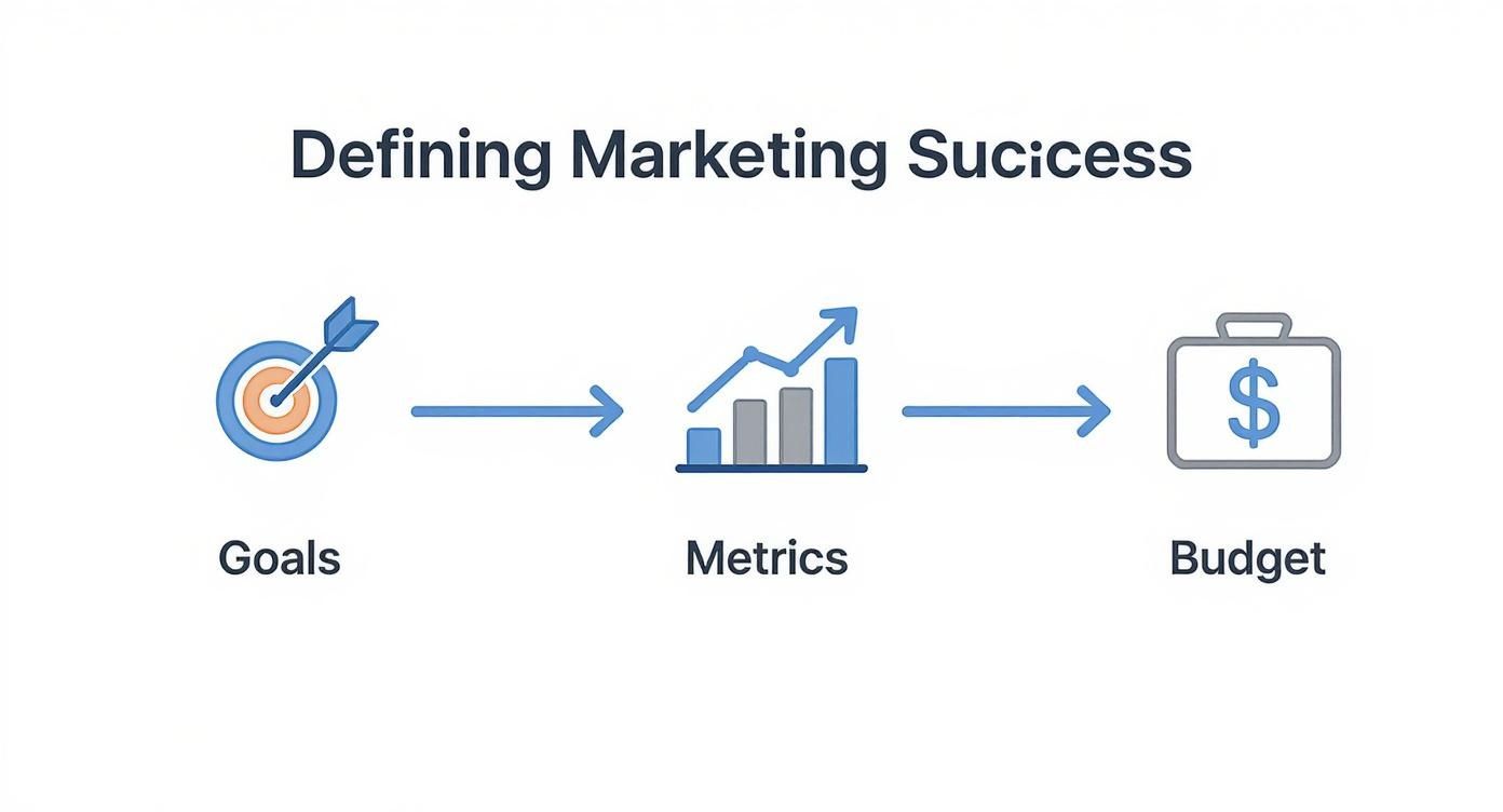 A diagram showing how to define marketing success, with arrows from Goals to Metrics to Budget.