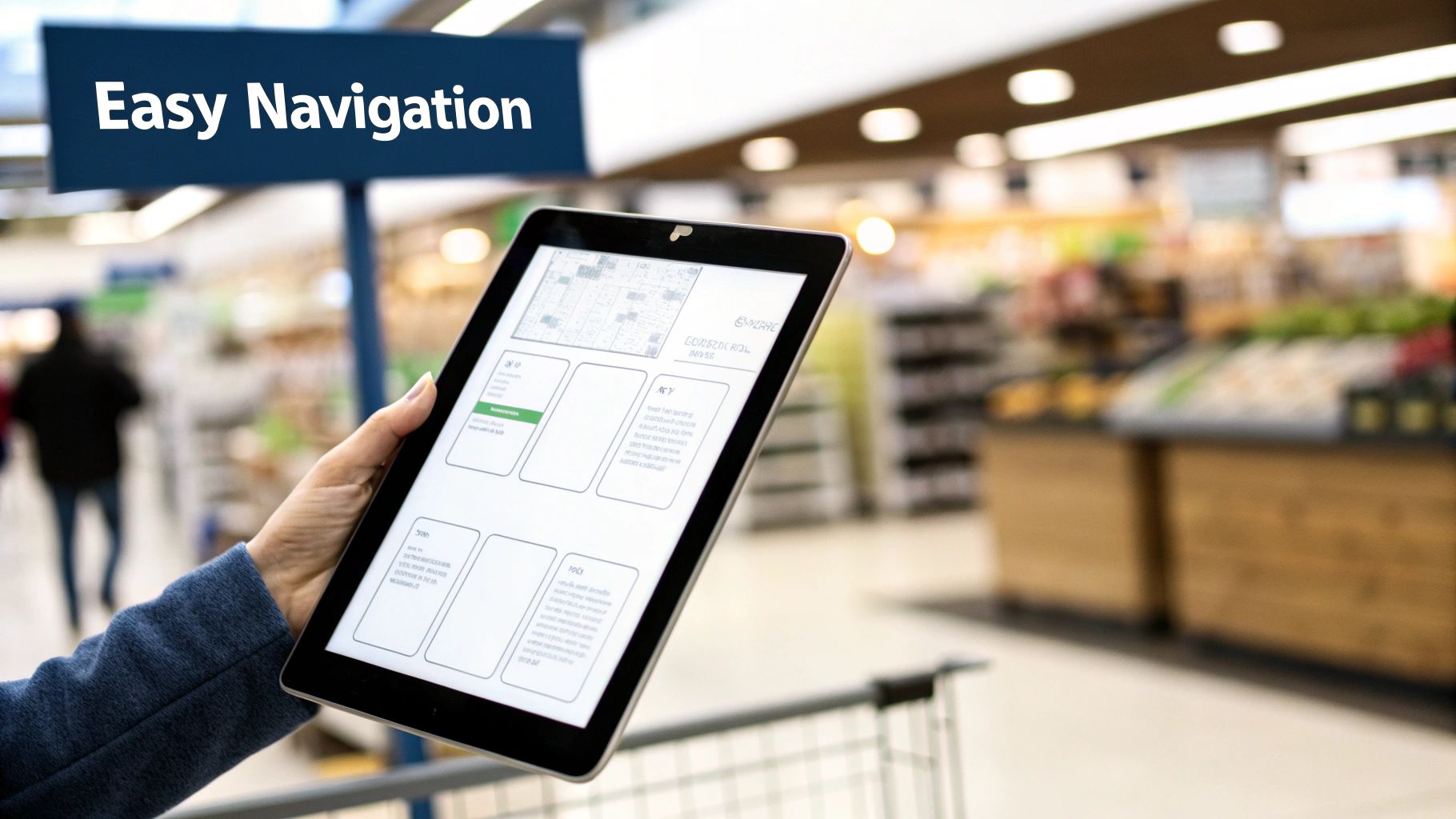 A hand holds a tablet displaying a store map for easy navigation, an important element of web design.