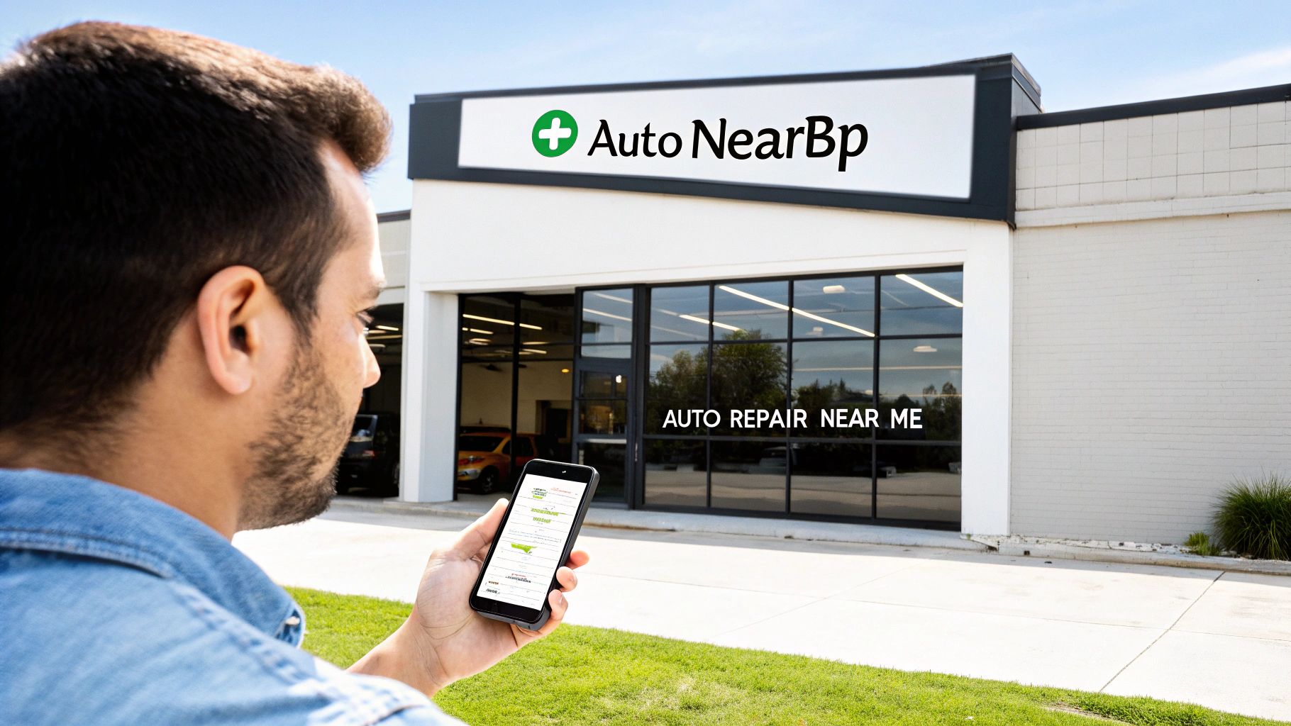 A man using a smartphone to find local SEO services for auto repair shops near me.