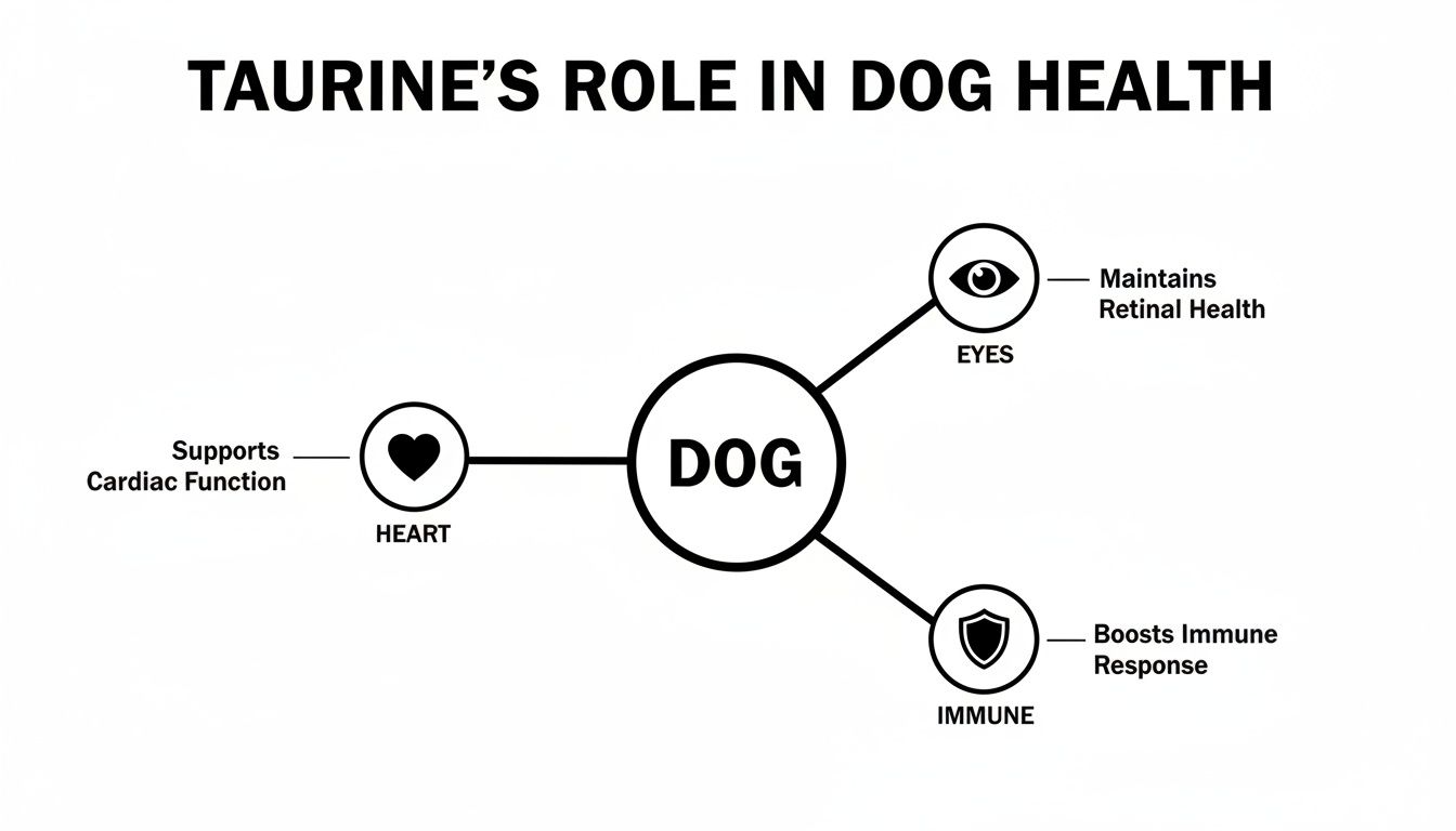 Diagram illustrating taurine's role in dog health, supporting cardiac function, retinal health, and immune response.