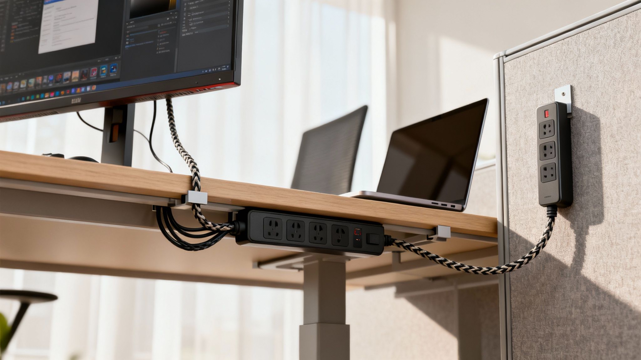 A tidy desk setup featuring two power strips, excellent cable management, and braided cables for a clean workspace.