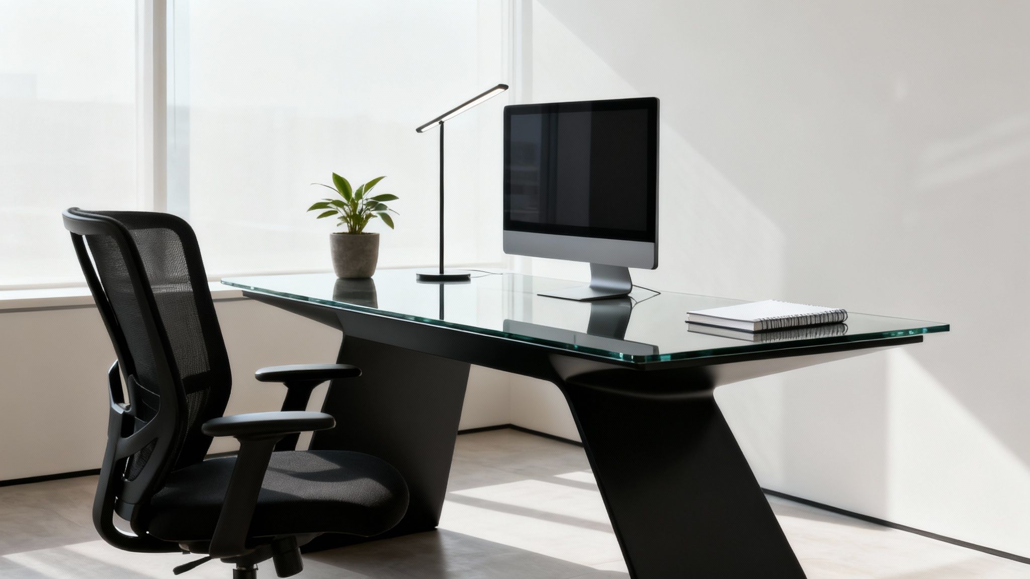 Modern minimalist home office with a black ergonomic chair and a sleek black desk with a glass top, featuring a computer monitor