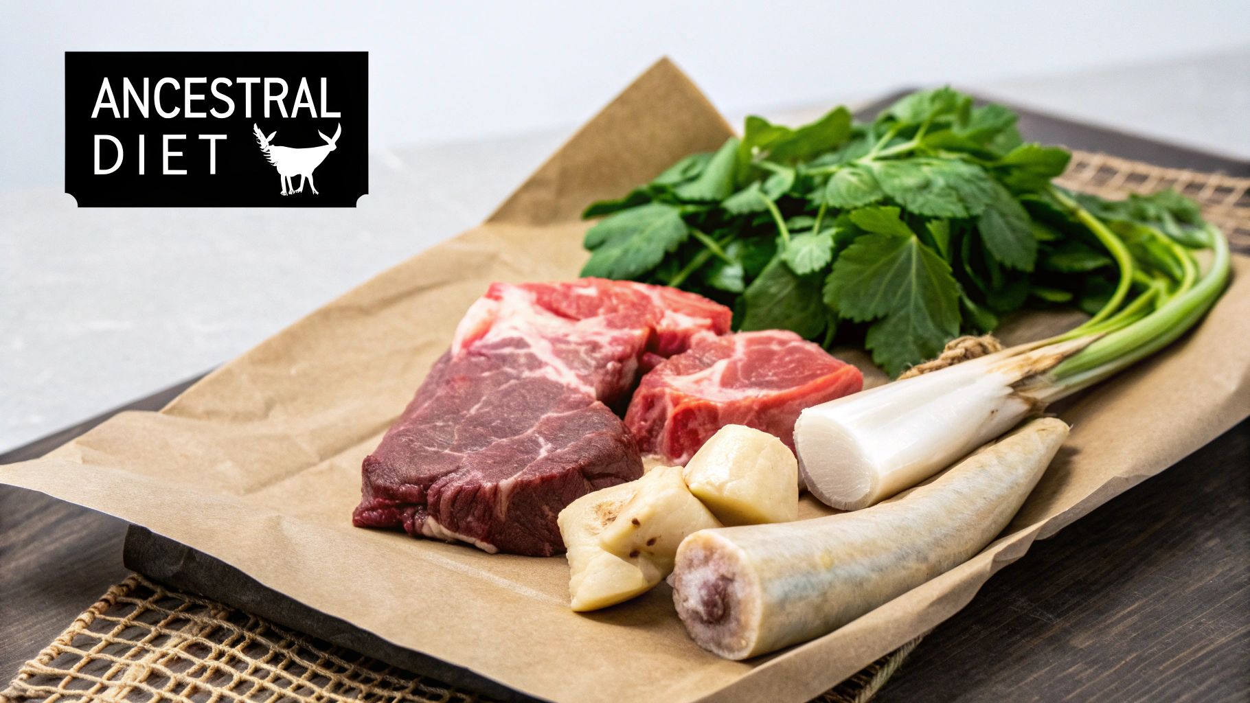 Raw meat, green leafy vegetables, and root vegetables arranged on parchment paper, representing an ancestral diet.