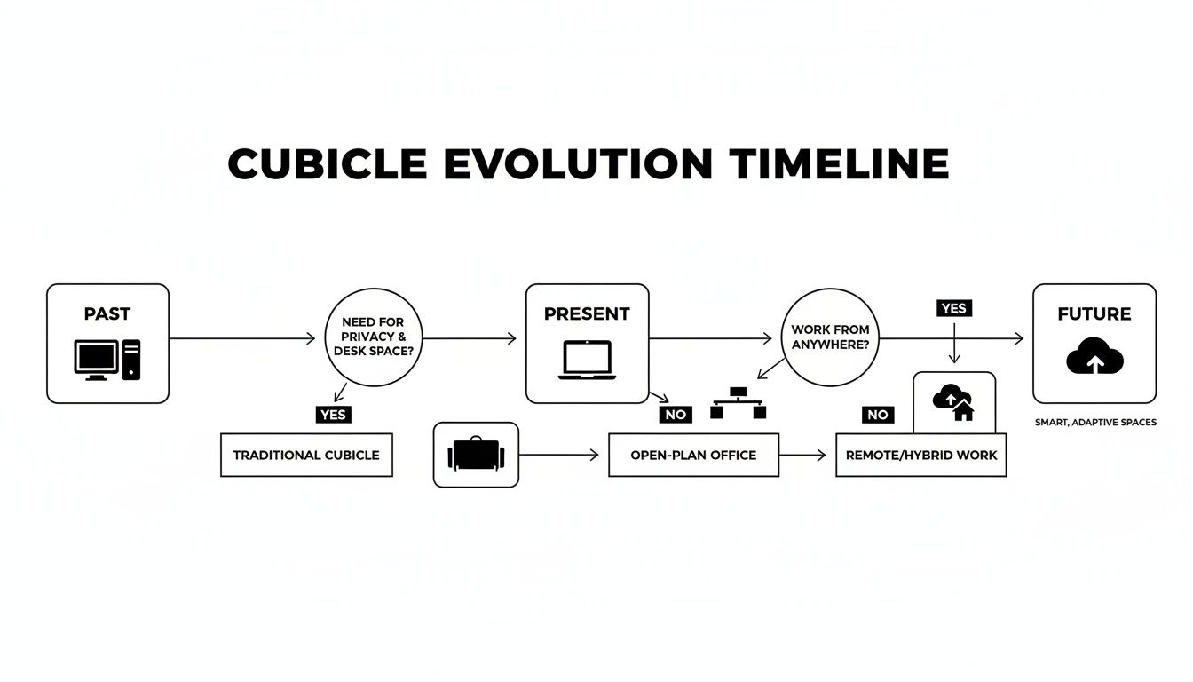 A timeline diagram illustrating the evolution of work environments, from traditional cubicles to future smart, adaptive spaces.