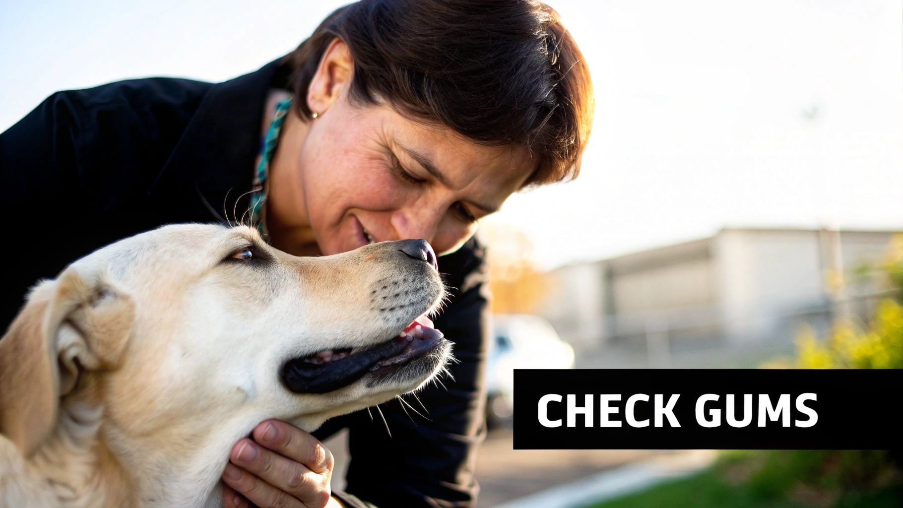 A smiling woman gently interacts with her golden Labrador, appearing to check its gums outdoors.