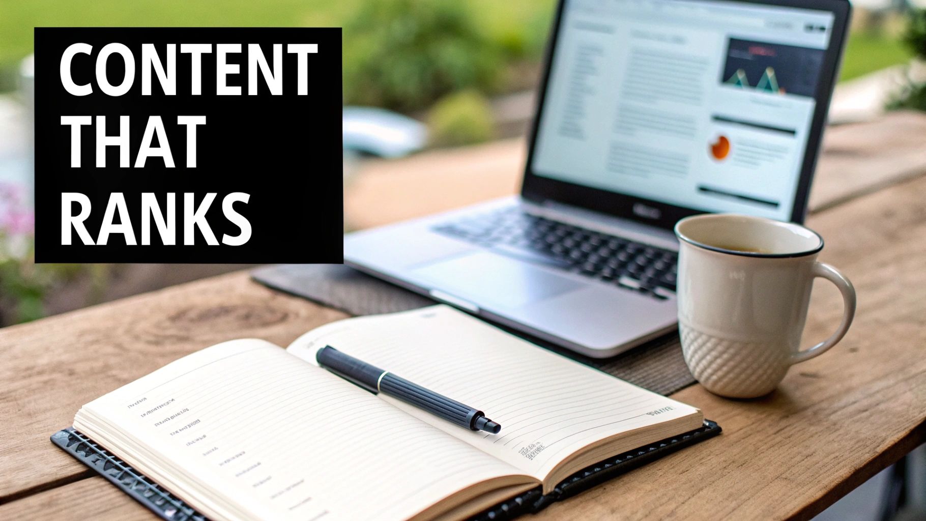 Laptop showing SEO content charts, an open notebook with 'CONTENT THAT RANKS', which is essential for how to get organic traffic.