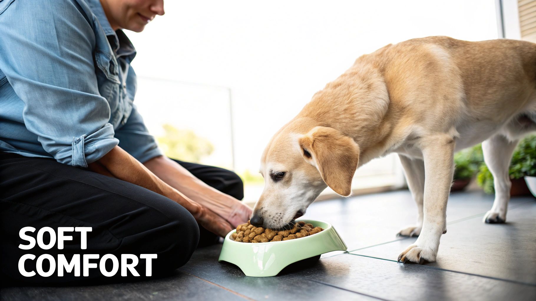A person in a denim shirt kneeling, feeding a hungry light brown dog from a green bowl.