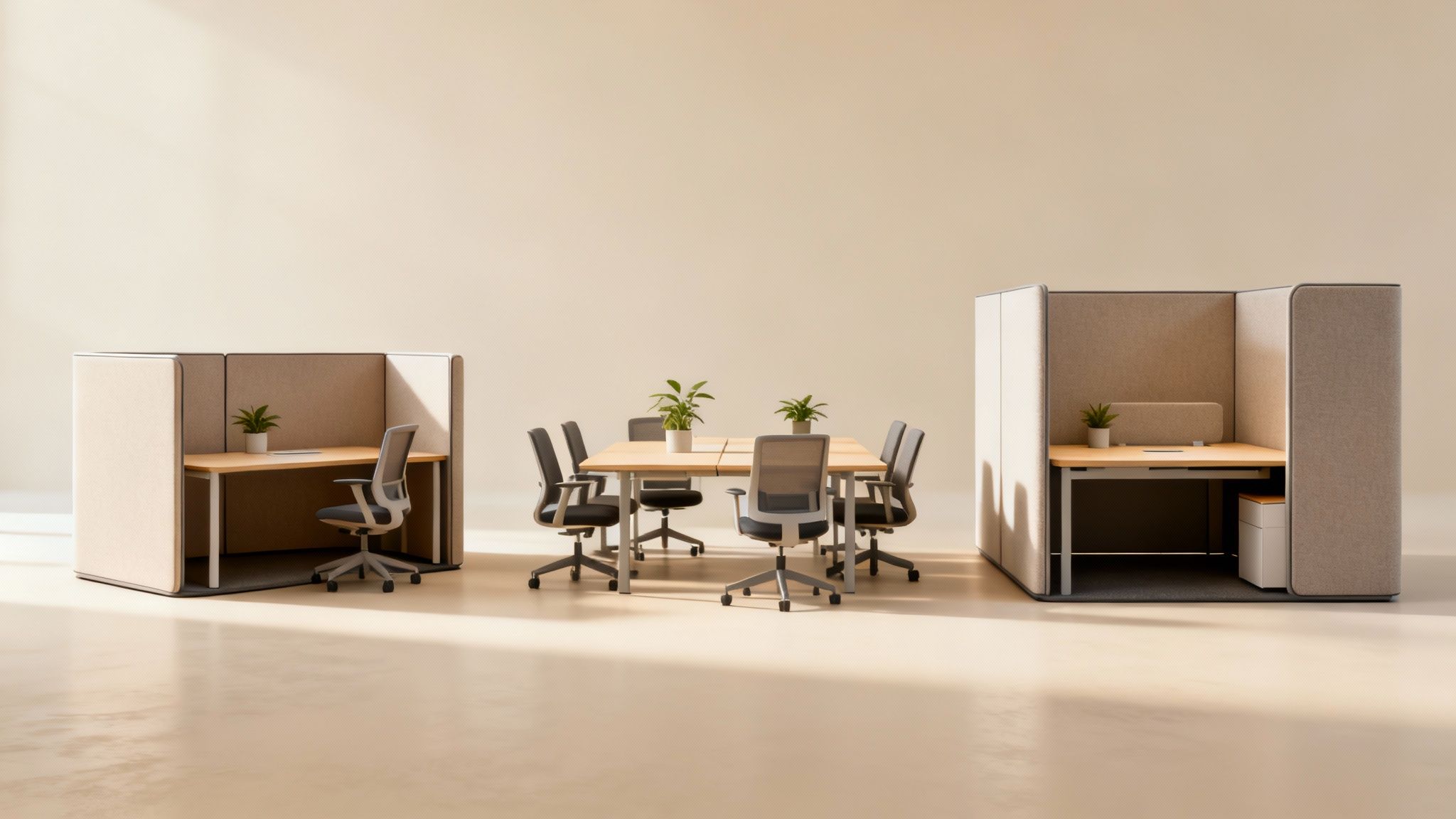 A modern office interior featuring two private cubicles, a central meeting table, and chairs.