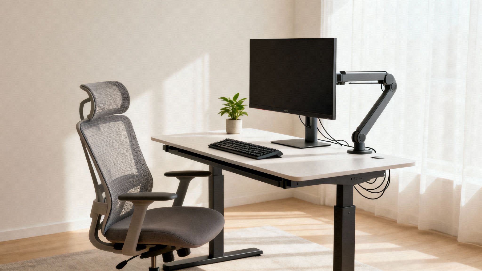 Modern home office with ergonomic chair, standing desk, monitor, and plant, demonstrating an ergonomic setup.