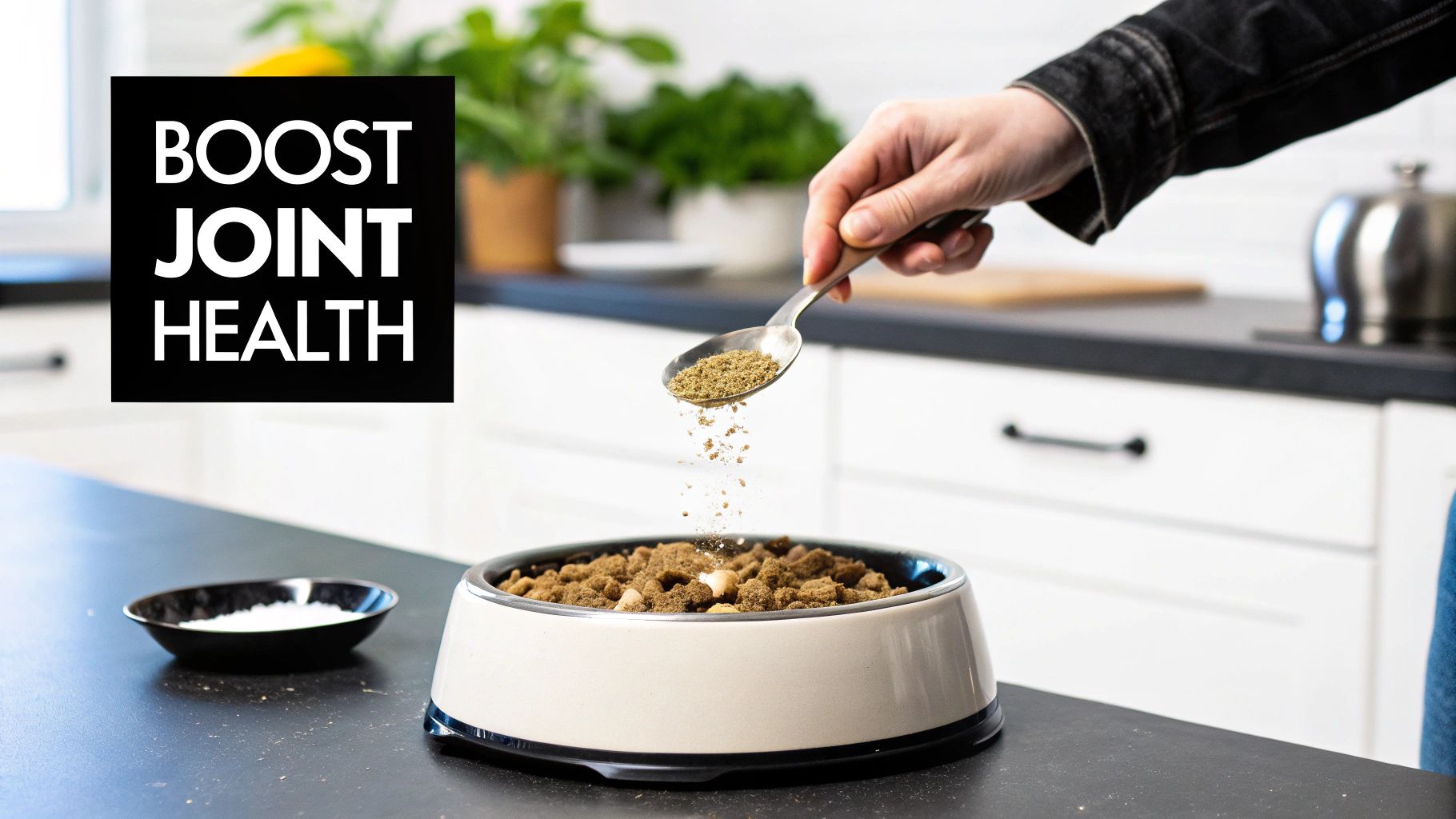 A happy dog eating from a bowl with a scoop of food supplement being added.