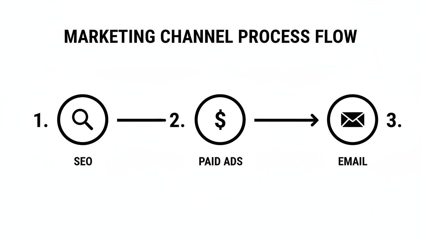A marketing channel process flow illustrating the steps in a digital marketing strategy, including SEO, paid ads, and email.