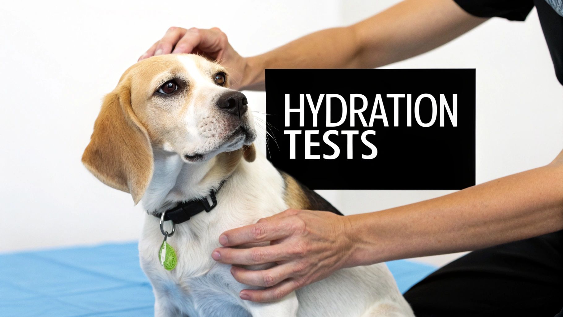 A beagle dog is being gently petted by two hands, with a black box displaying the text 'HYDRATION TESTS'.