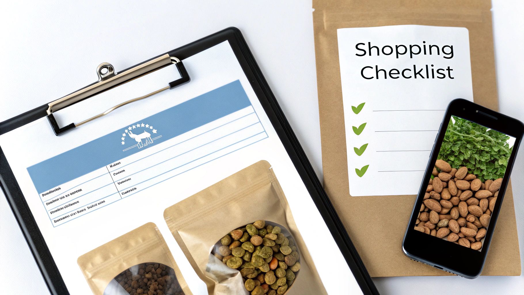 A flat lay image showing natural dog food pouches, a shopping list, and a smartphone.