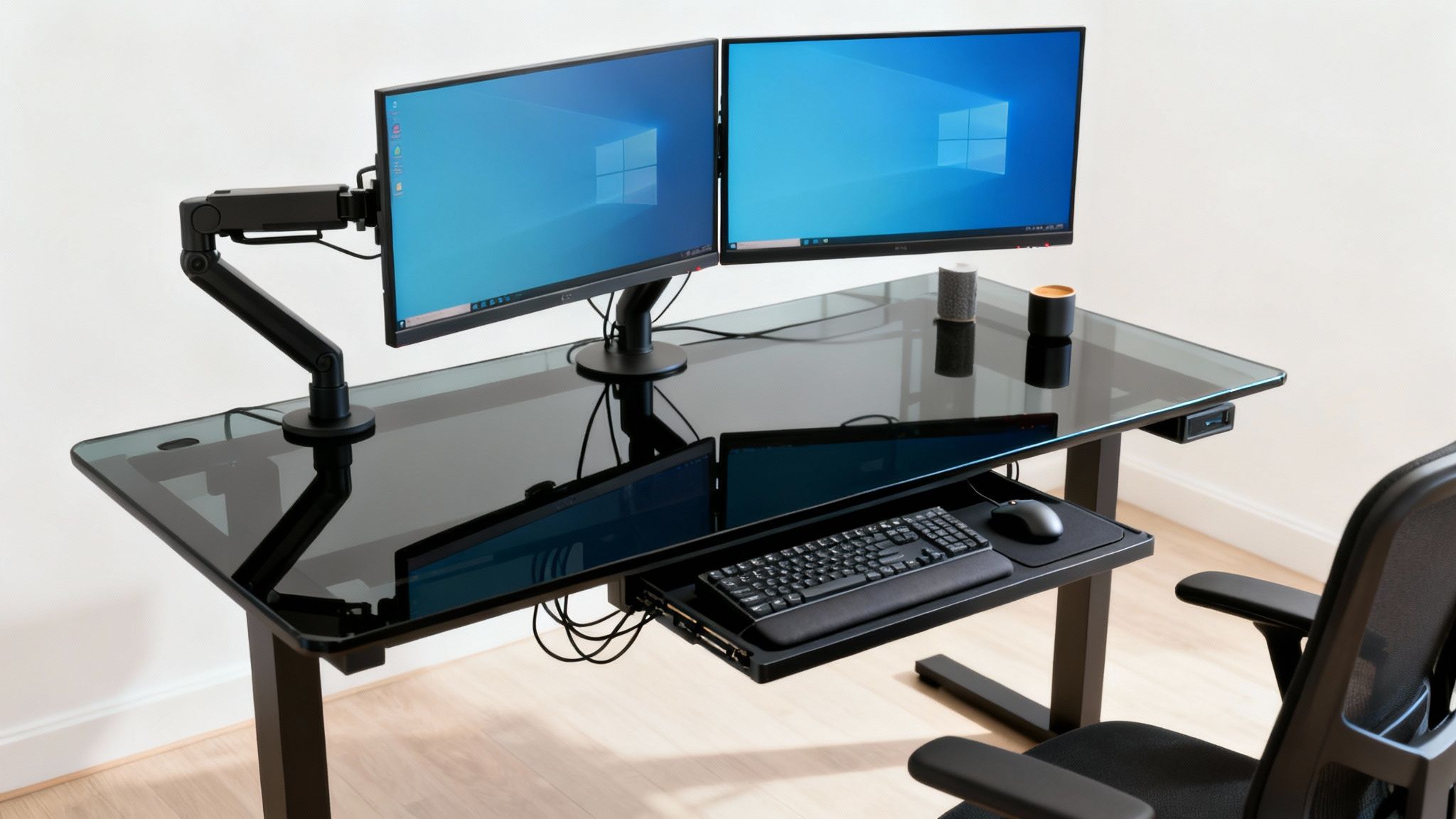 Modern ergonomic workspace featuring a black desk with glass top, dual monitors on adjustable arms, and organized accessories