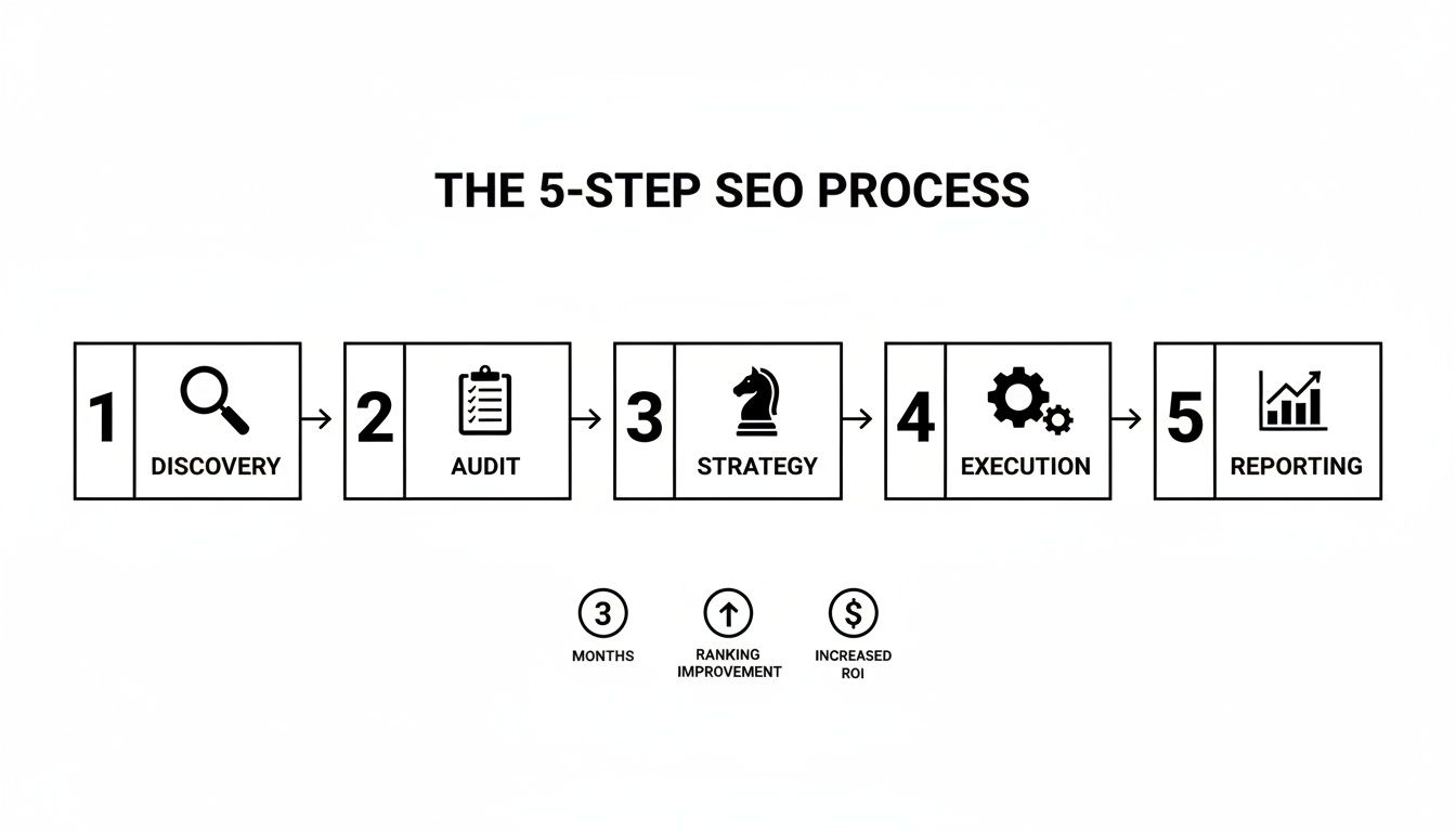 A diagram illustrating the 5-step SEO agency process: Discovery, Audit, Strategy, Execution, and Reporting.