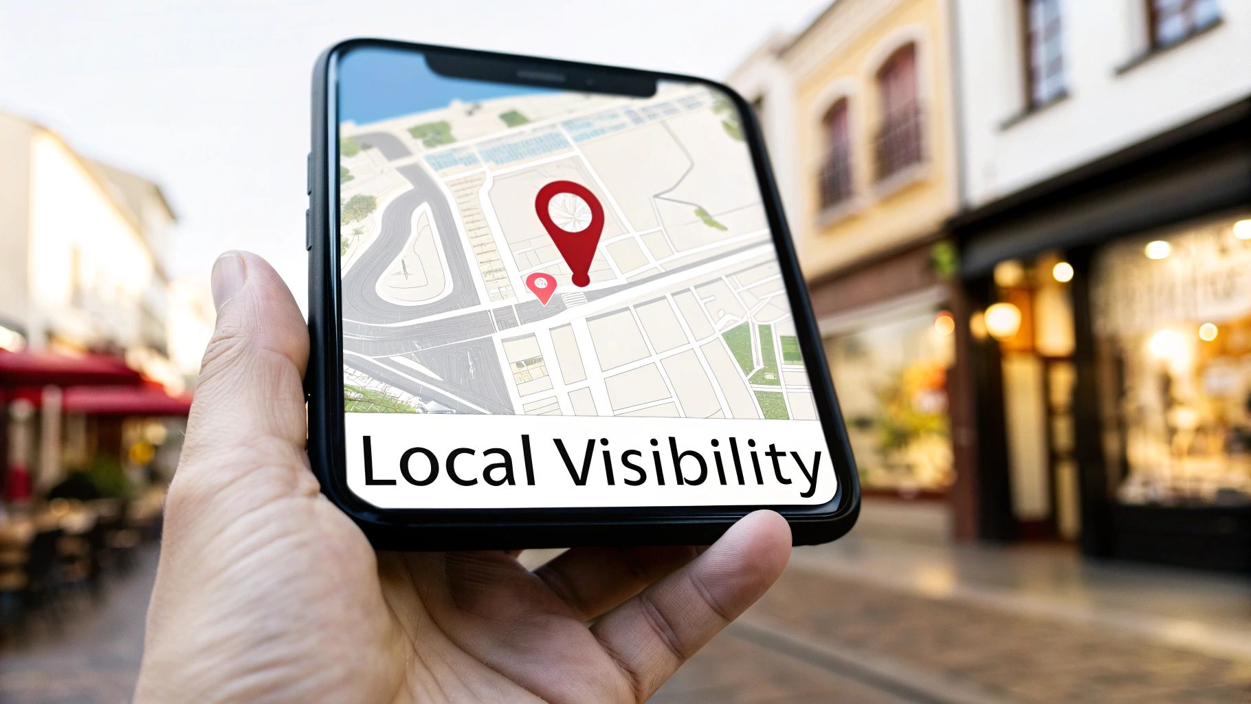 A hand holding a smartphone showing a map with location pins, demonstrating the local competitive advantage, one of the benefits of SEO for small businesses.