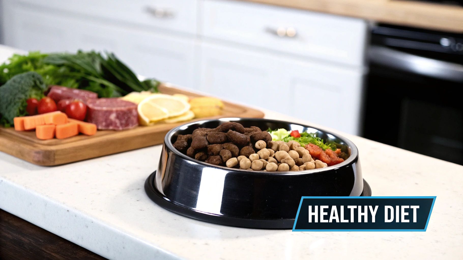 A happy, healthy-looking dog with a shiny coat sits attentively in a grassy field.