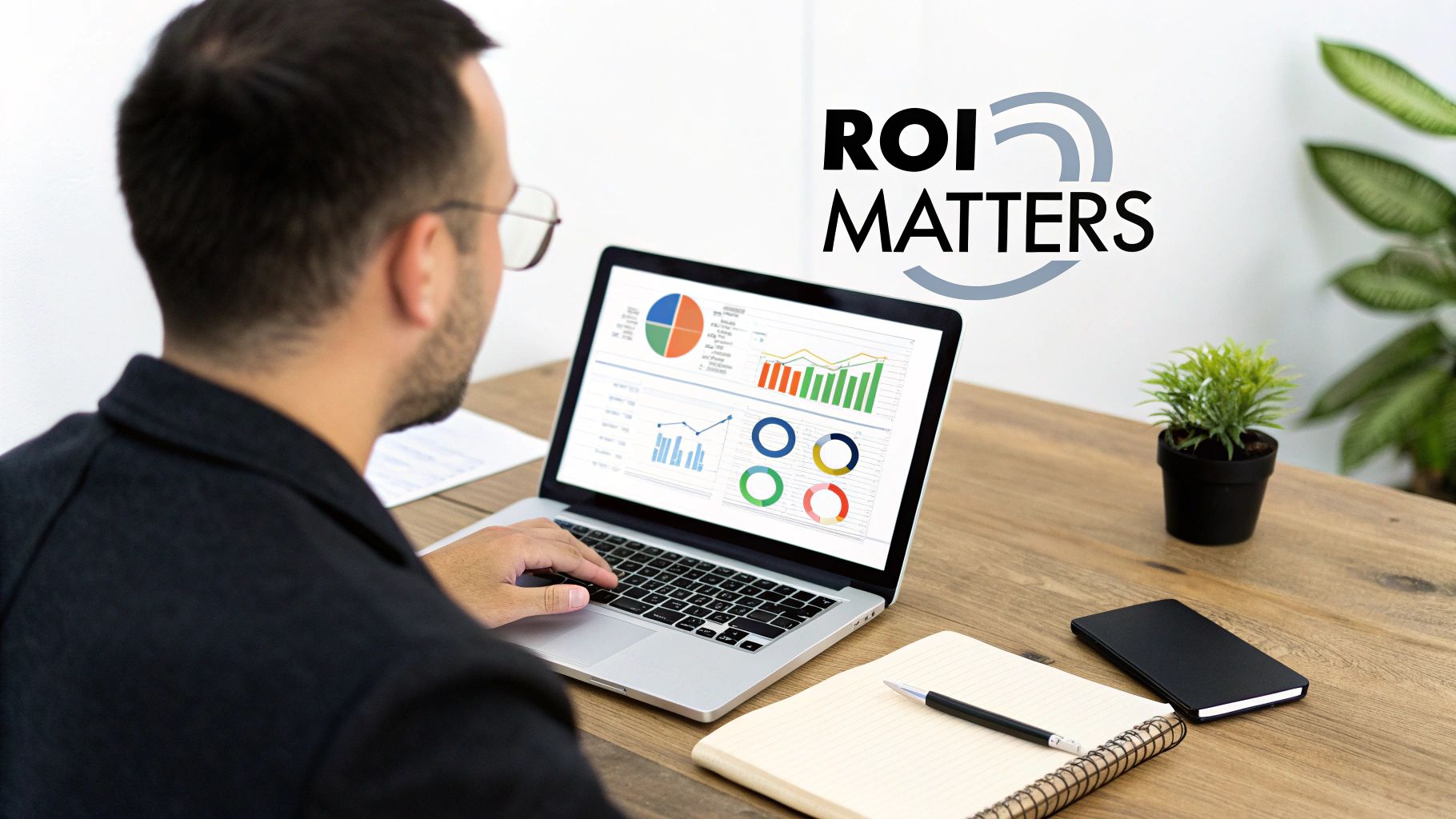 A man analyzing business data and graphs on a laptop, with "ROI MATTERS" text. The image highlights how to calculate marketing ROI.
