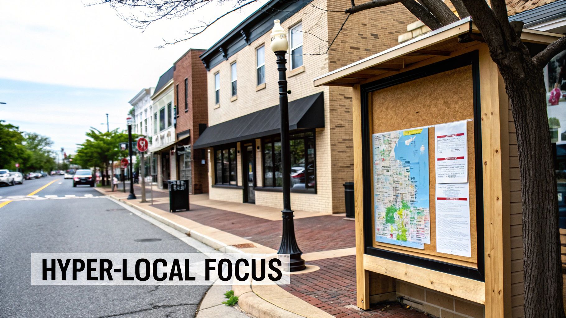 A vibrant street scene featuring brick buildings, a sidewalk, parked cars, and a public information board with maps and notices, demonstrating a hyperlocal community.