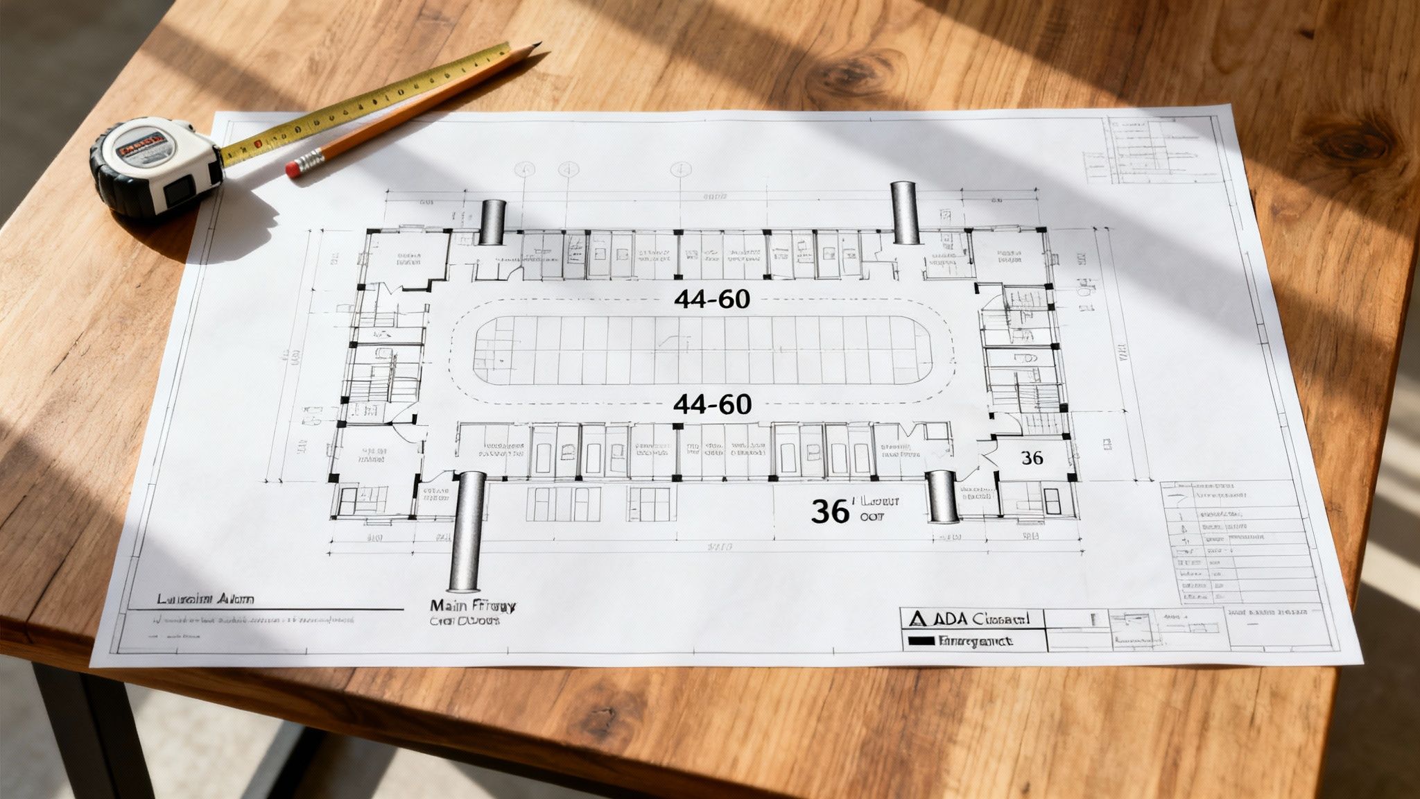 Blueprint showing office cubicle dimensions and layout, with a measuring tape and pencil on a wooden desk.