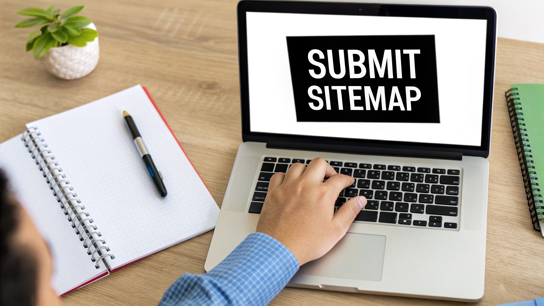 A user's hand pointing at a laptop screen showing the Google Search Console dashboard. Alt Text: How to set up Google Search Console initial settings.