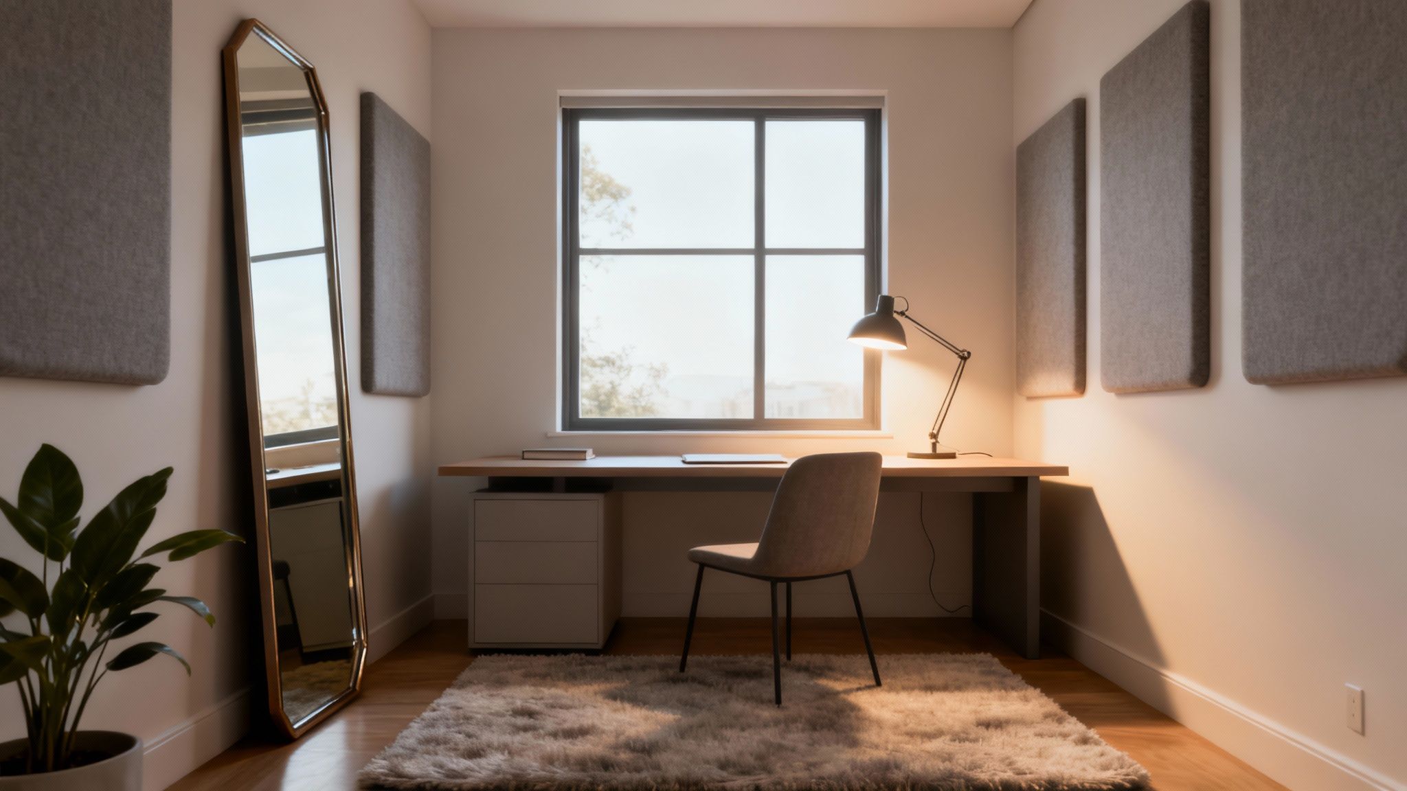 A bright and modern home office with a minimalist desk, chair, window, and acoustic panels.