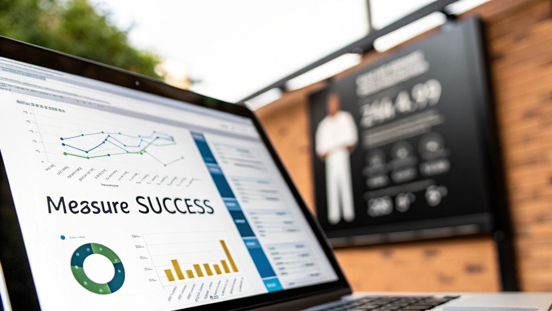 A laptop displaying a digital vs traditional marketing performance dashboard with 'Measure SUCCESS,' charts, and graphs for performance analysis.