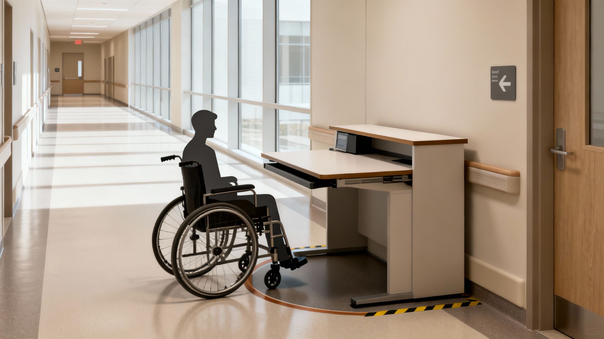 A person in a wheelchair at an adjustable, accessible desk in a modern hospital hallway with large windows.