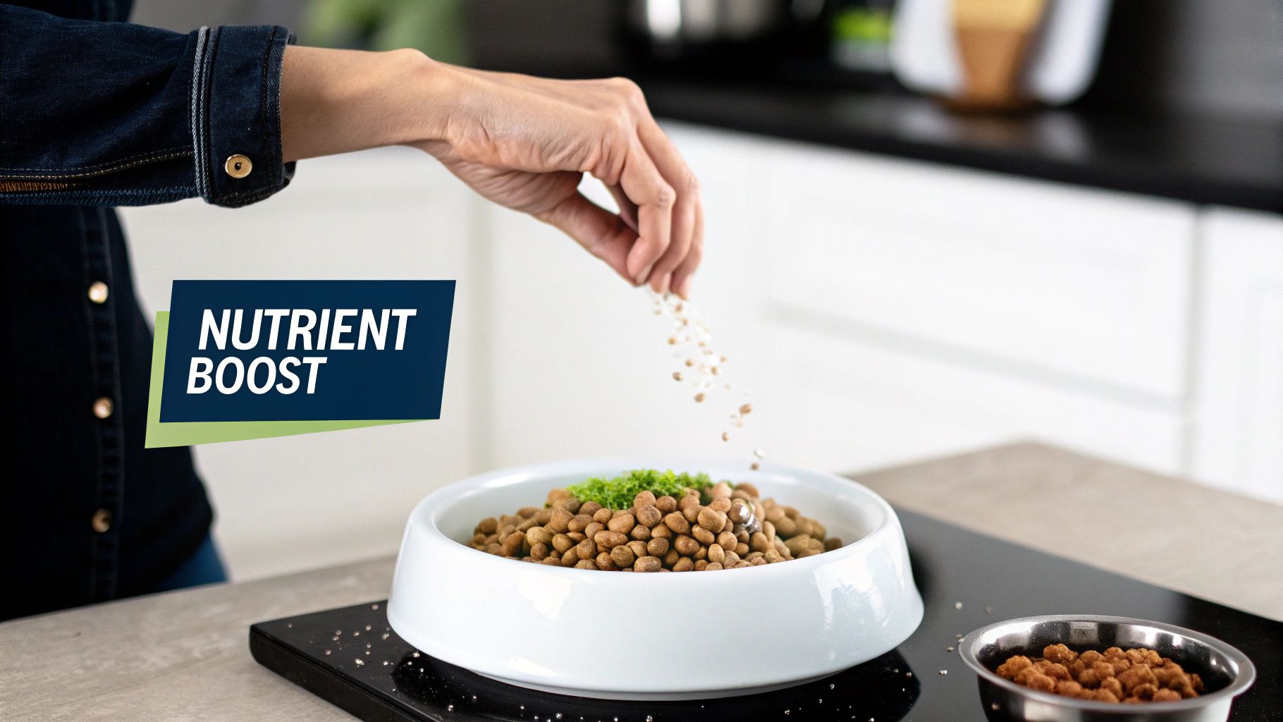 A scoop of ChowPow powder being sprinkled over a bowl of dry dog food.