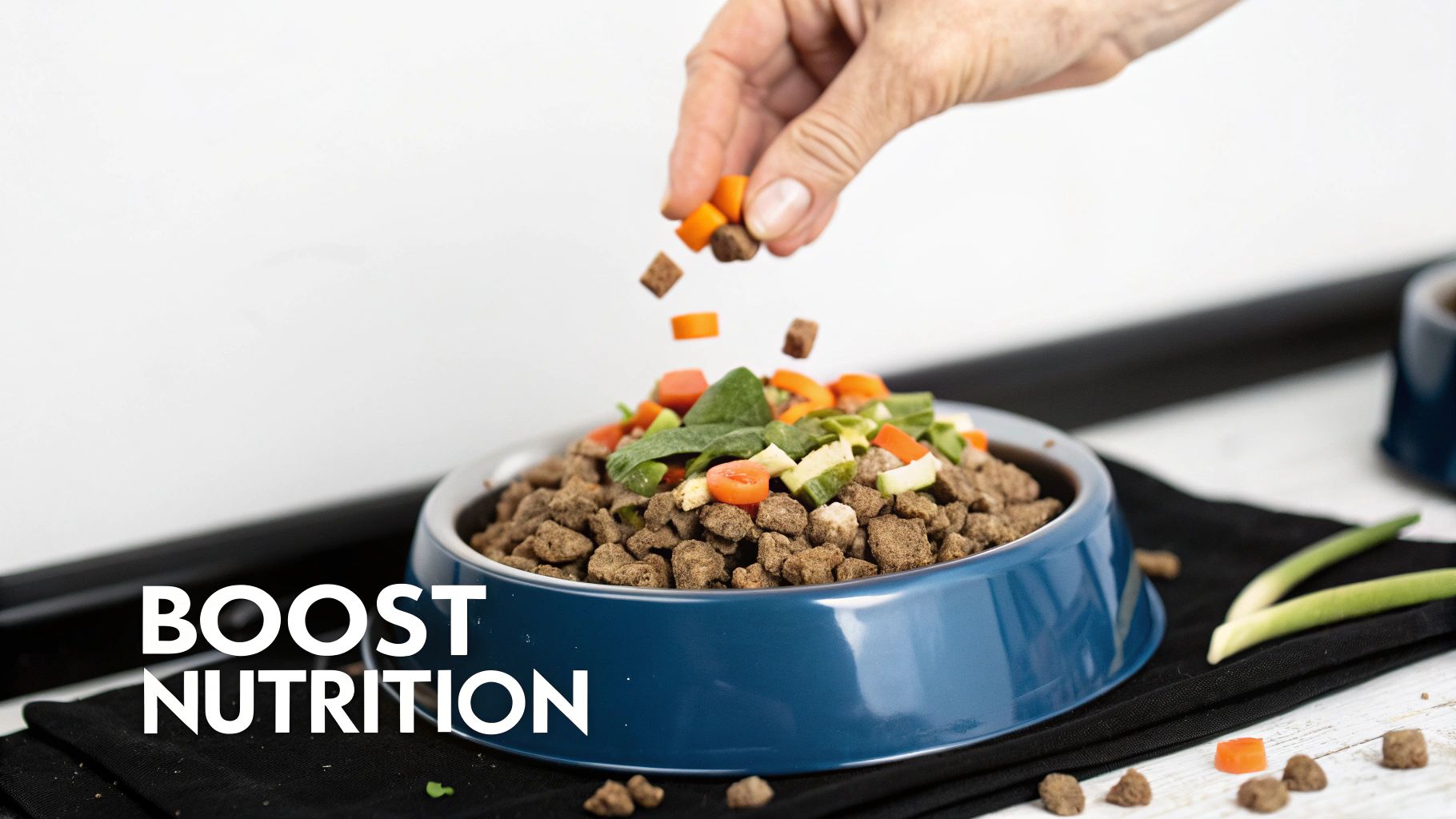 A hand adds fresh vegetables and meat pieces to a pet bowl of dog food, boosting nutrition.