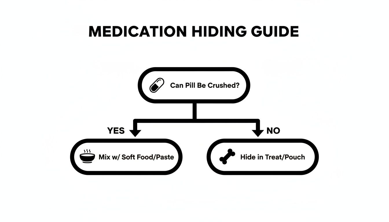 A medication hiding guide flowchart advising to crush pills into soft food or hide whole pills in treats.