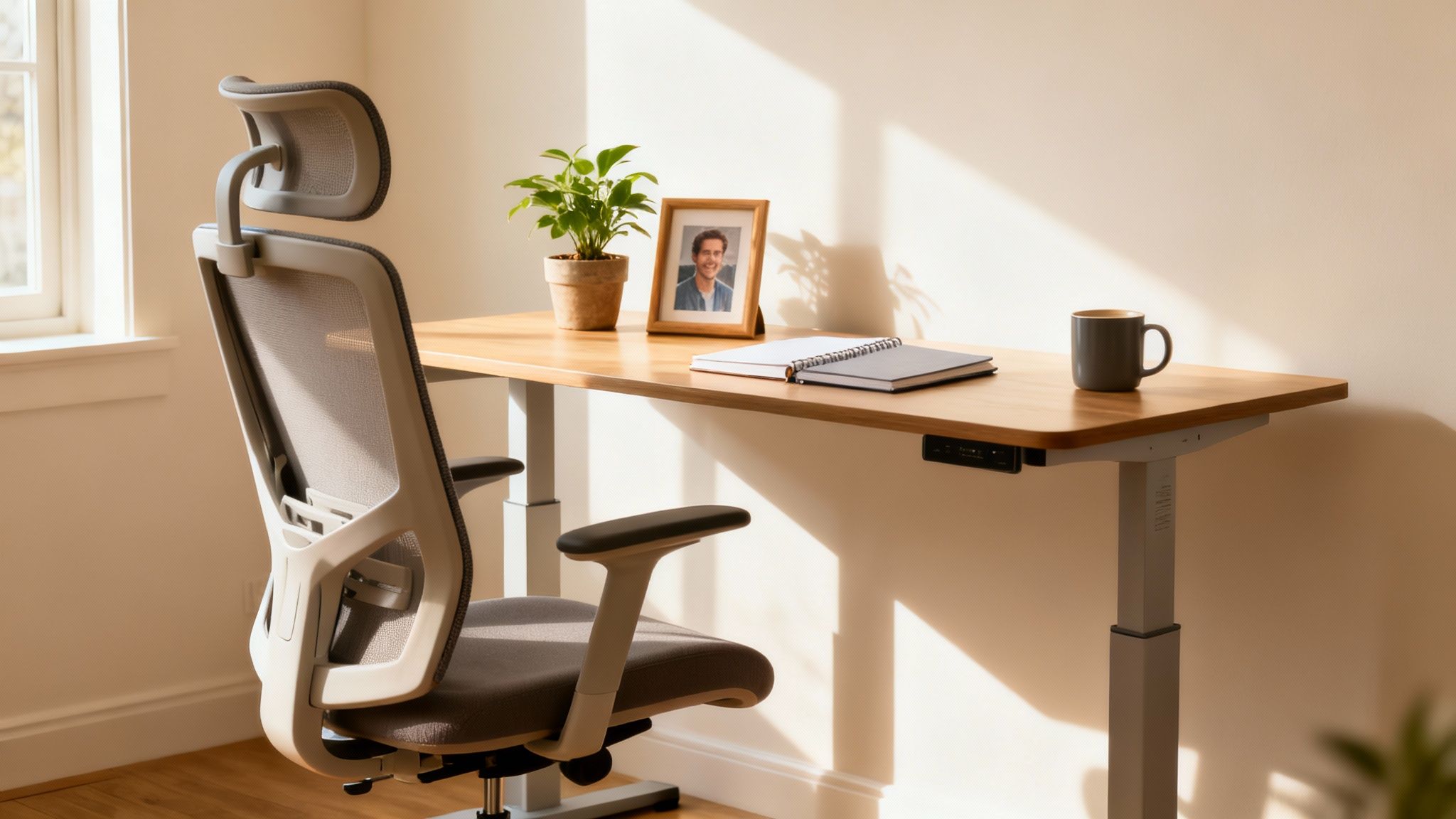 A bright home office setup with an ergonomic chair, a wooden standing desk, and desk accessories.