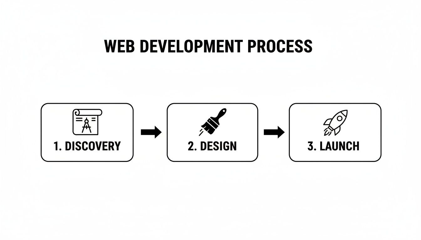 Web development process stages: Discovery, Design, and Launch, shown with icons and arrows.
