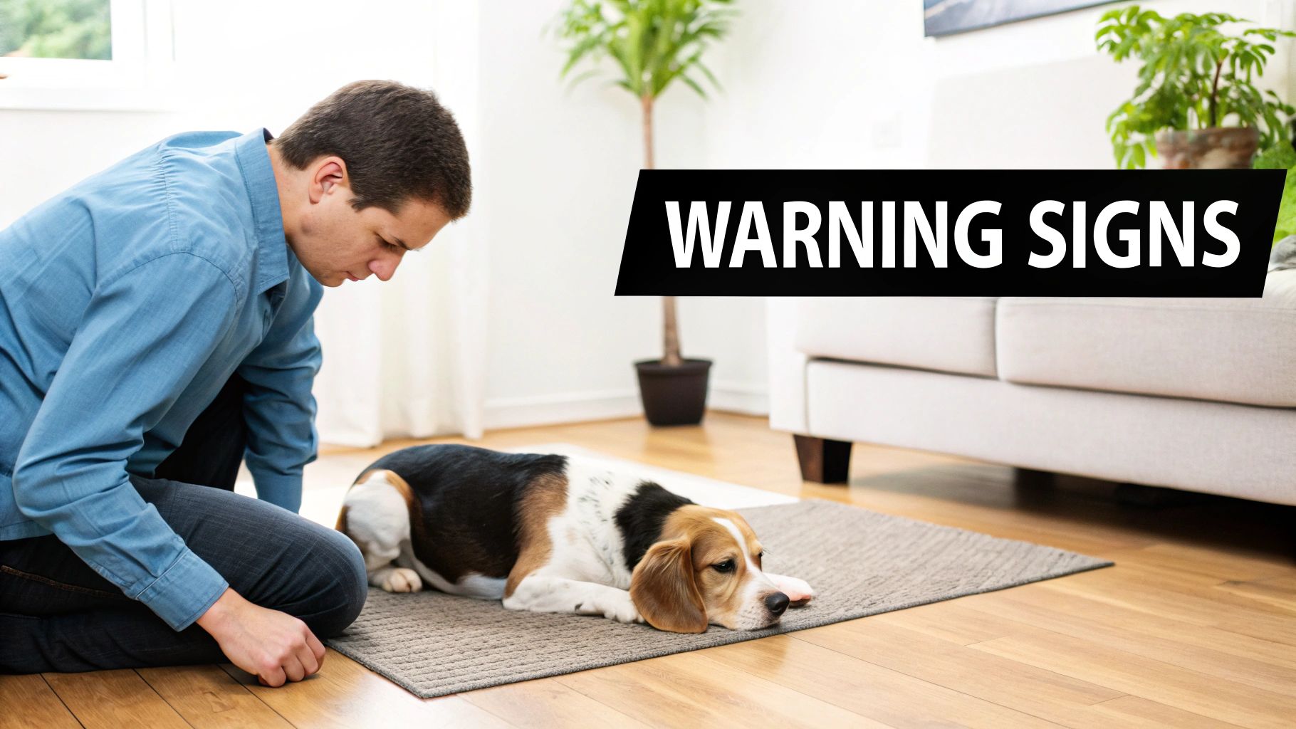 Man kneeling, observing a calm beagle dog lying on a rug indoors, with a 'WARNING SIGNS' banner.