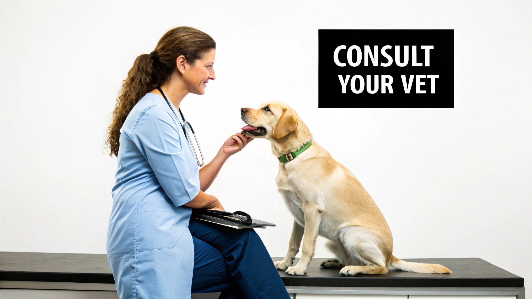 A smiling female vet gently examines a yellow Labrador retriever on an examination table, with a 'Consult Your Vet' sign.