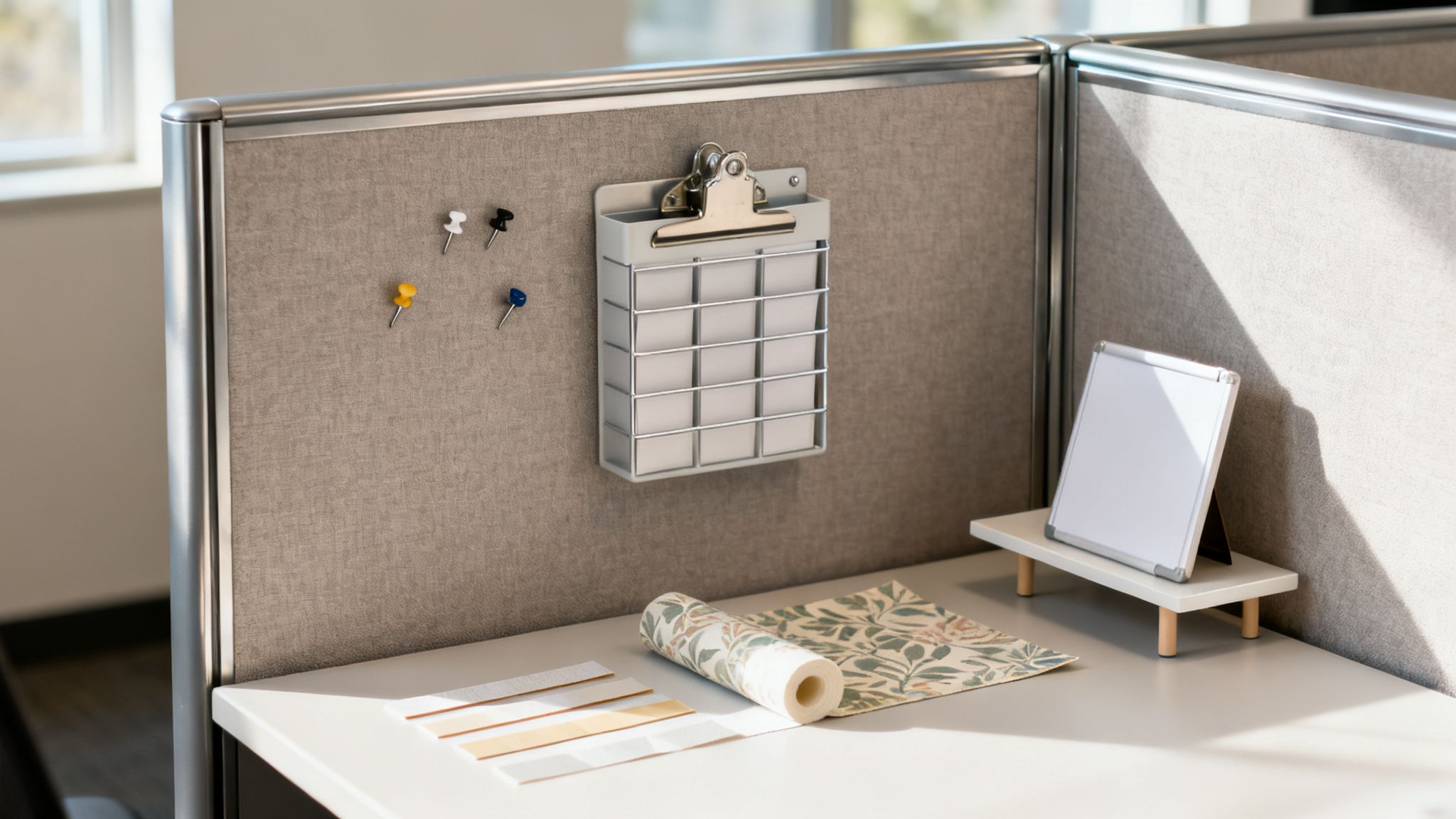 A cubicle wall is decorated with pushpins and a wall organizer, with a desk below holding design samples.