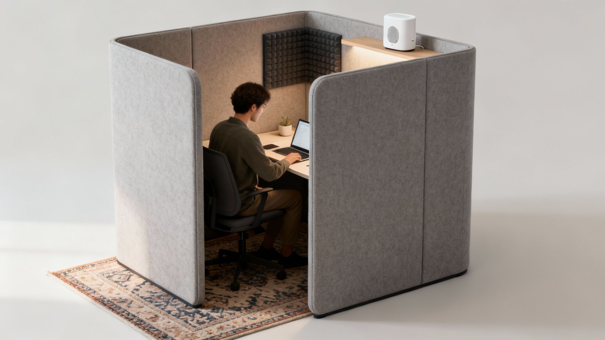 A man in a modular office pod, demonstrating a private furniture solution for small spaces.