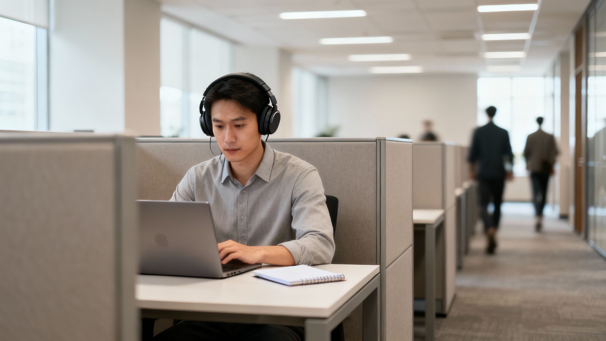 Modern office cubicles with glass panels designed for privacy.
