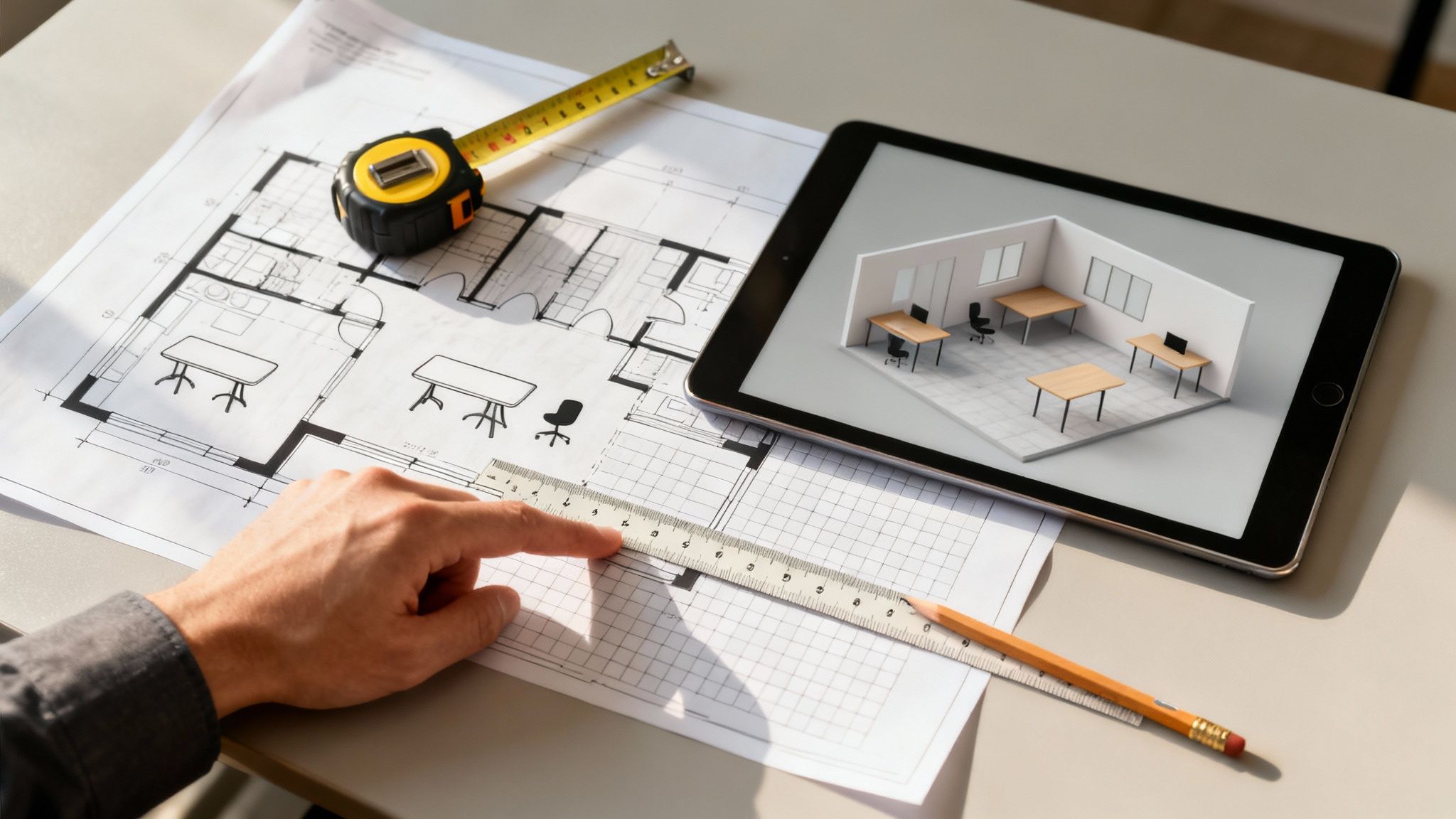 A hand points at architectural blueprints on a desk with a tablet showing a 3D office design.