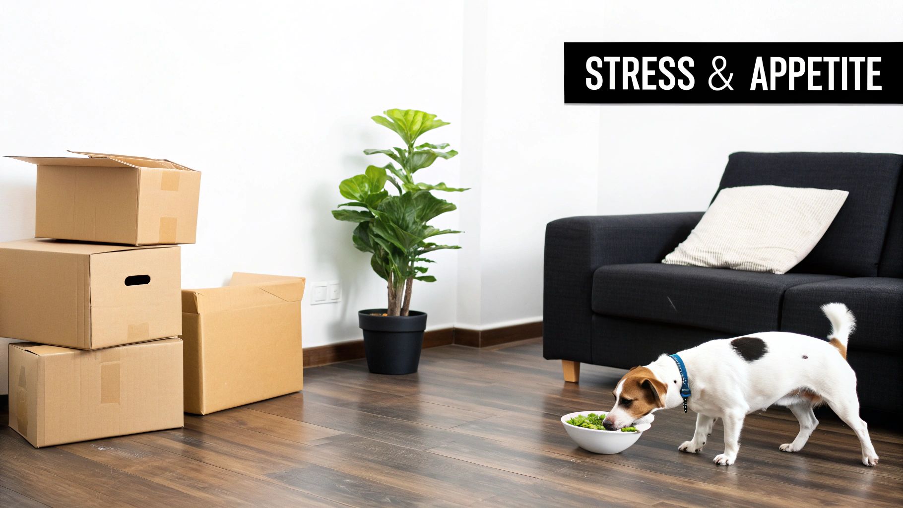 A dog eats from a bowl in a room with moving boxes, reflecting stress and appetite.