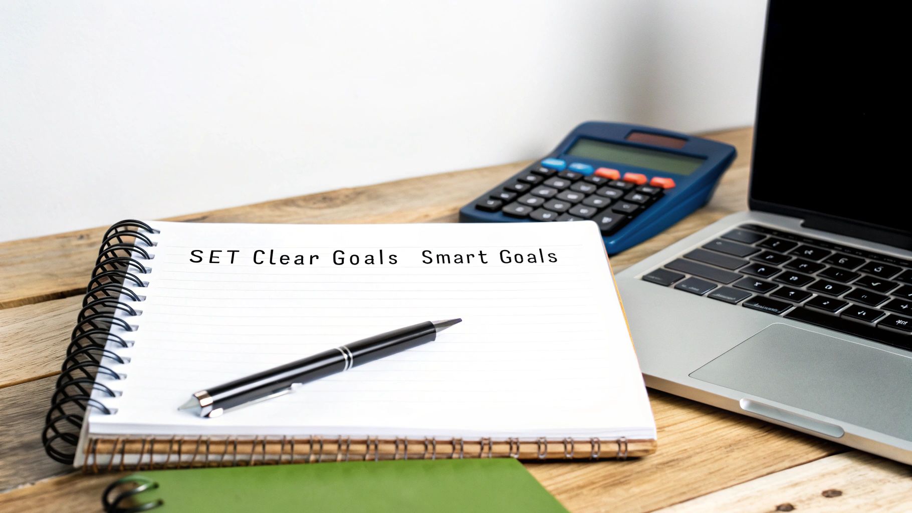 A notebook displaying 'SET Clear Goals Smart Goals' with a pen, calculator, and laptop on a wooden desk for measuring return on marketing investment.