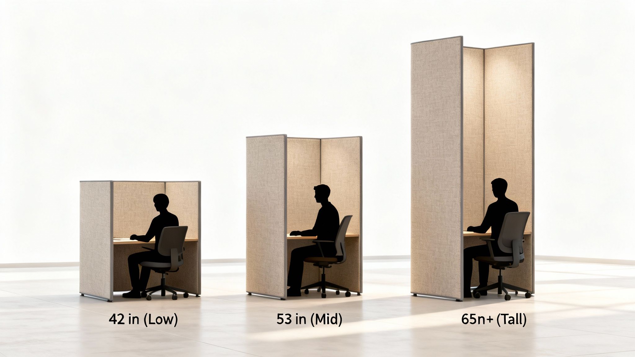 Three office cubicles showing 42-inch low, 53-inch mid, and 65-inch tall heights with people working in each.