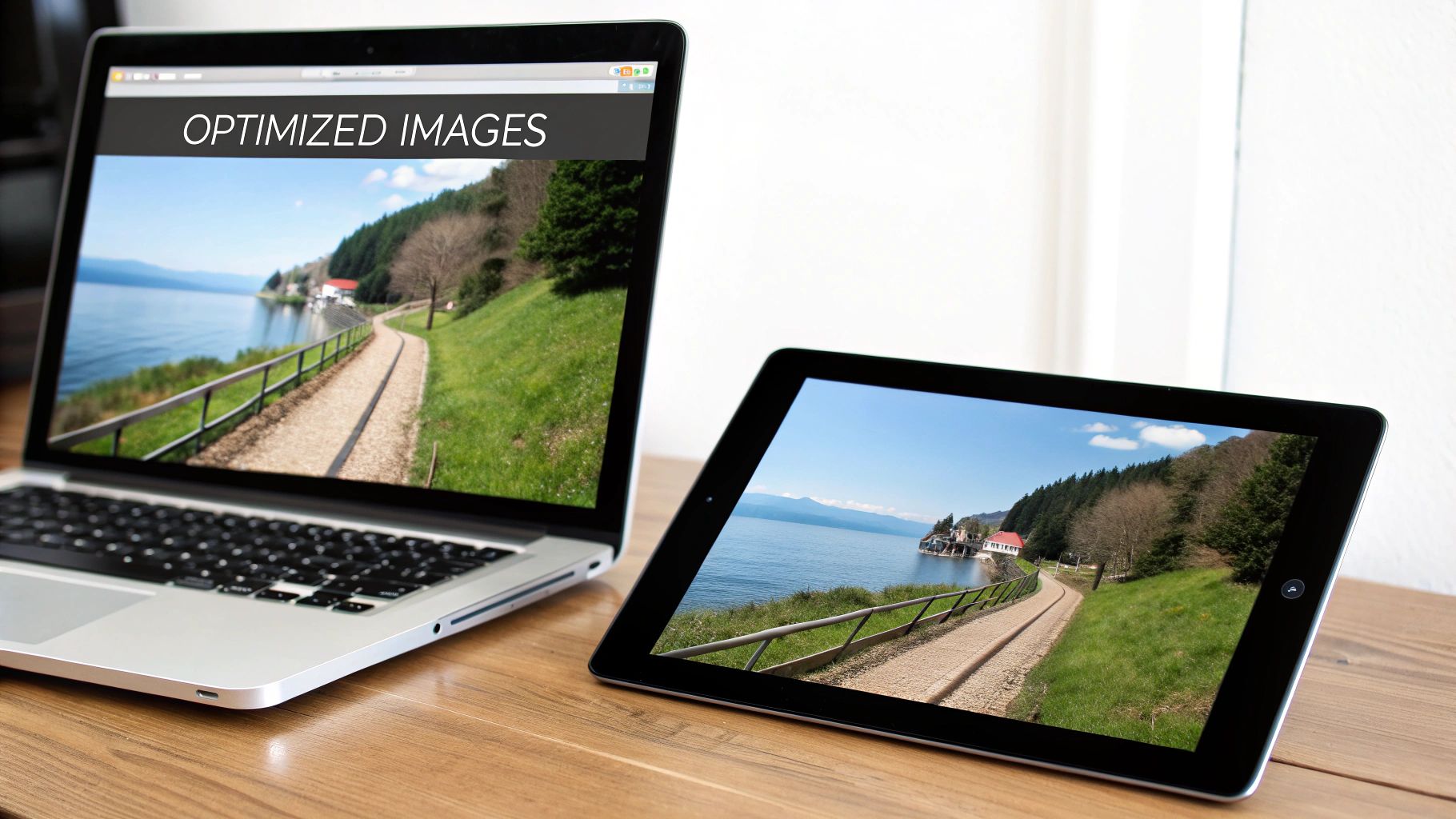 Laptop and tablet displaying an optimized scenic lake image with a path, highlighting responsive web design best practices.