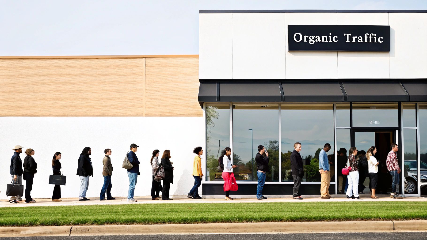 A line of customers waiting to enter a small business storefront, demonstrating the benefits of SEO for small businesses by increasing organic traffic.