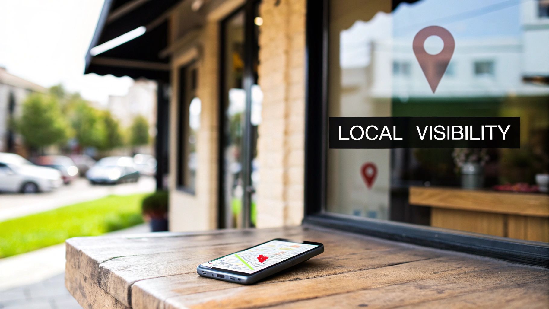 A smartphone on a wooden table displays a map, with 'LOCAL VISIBILITY' text and a pin in the background, representing Local SEO marketing strategies for small businesses.