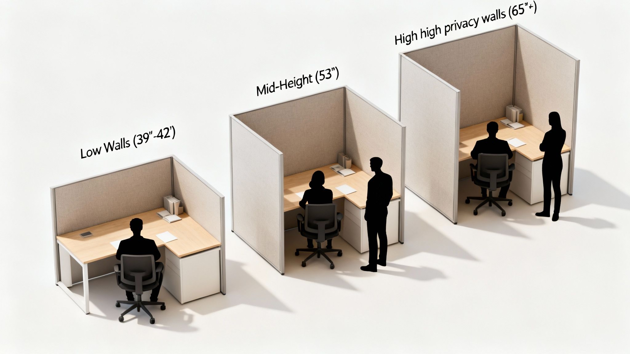 Three office cubicles demonstrating low, mid-height, and high privacy wall options with people.