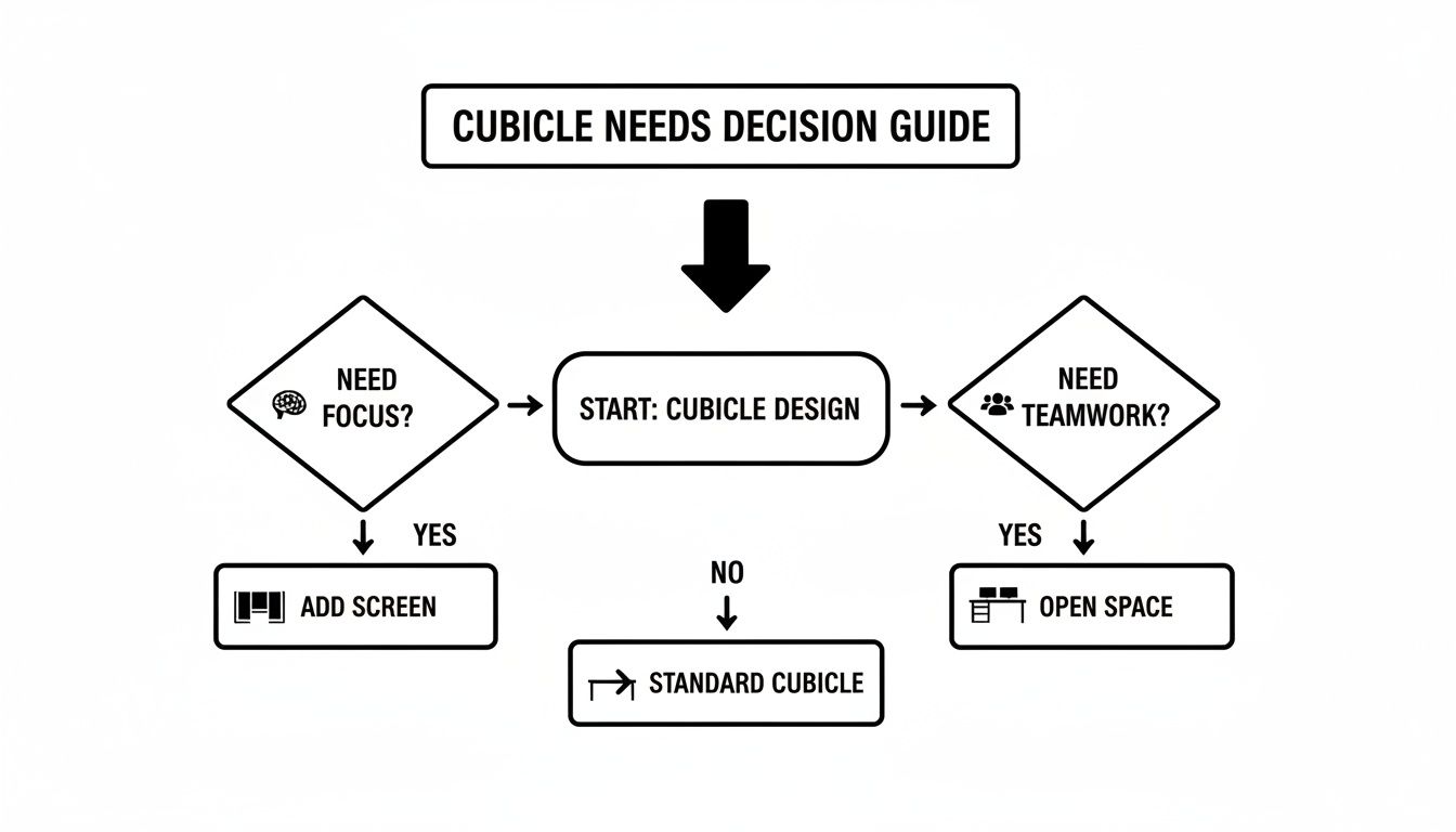 A decision guide flowchart for cubicle design, considering focus needs for cubicle privacy screens or teamwork for open space.
