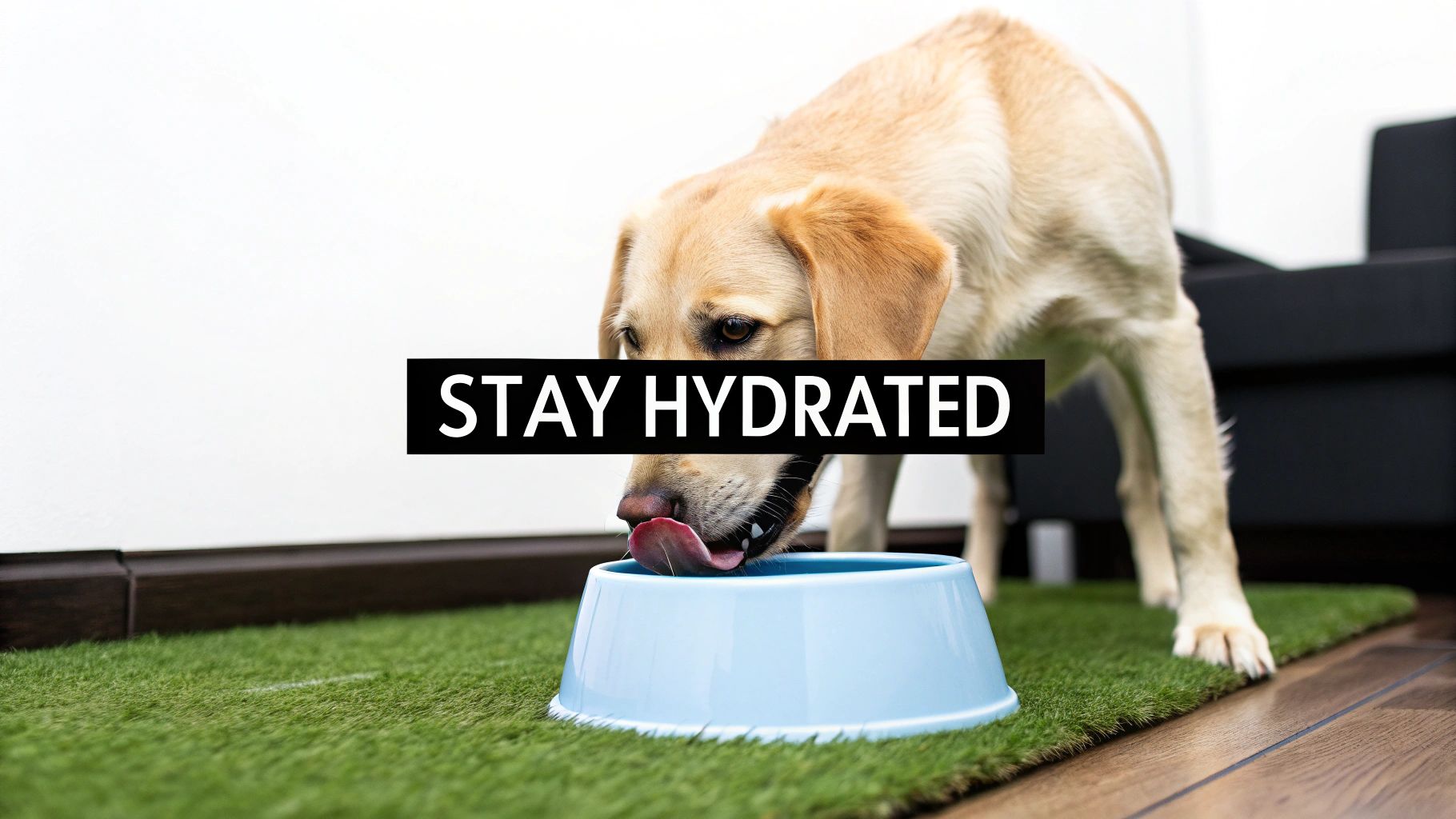A light brown Labrador Retriever dog drinks water from a blue bowl on a green mat.