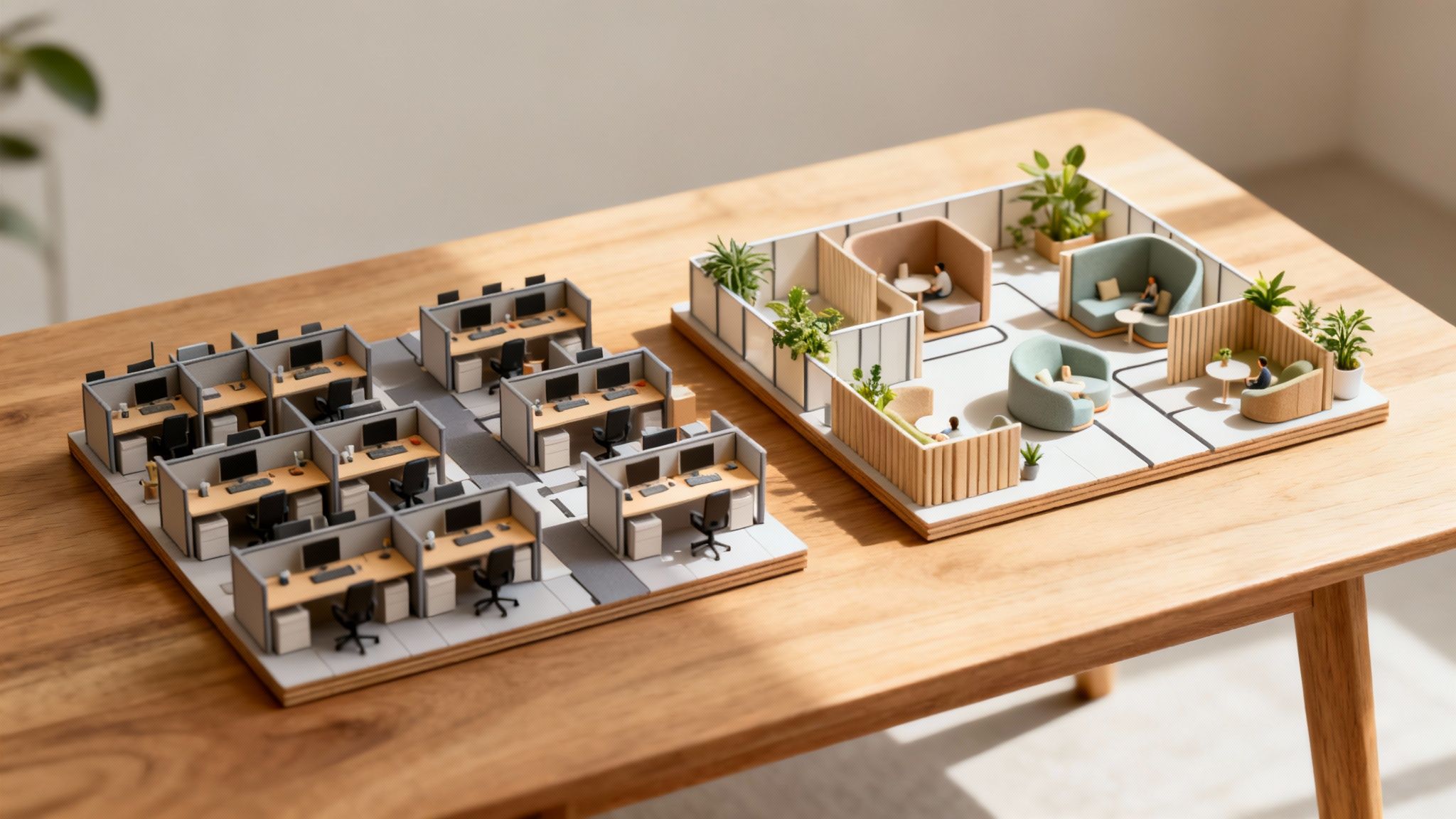 Miniature office models showing how an office space planning service contrasts traditional vs. modern layouts.